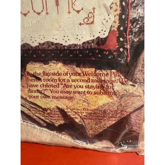 Counted Cross Stitch Calico Welcome Pillow Back Message 2403 1980 New Sealed - Picture 2 of 4